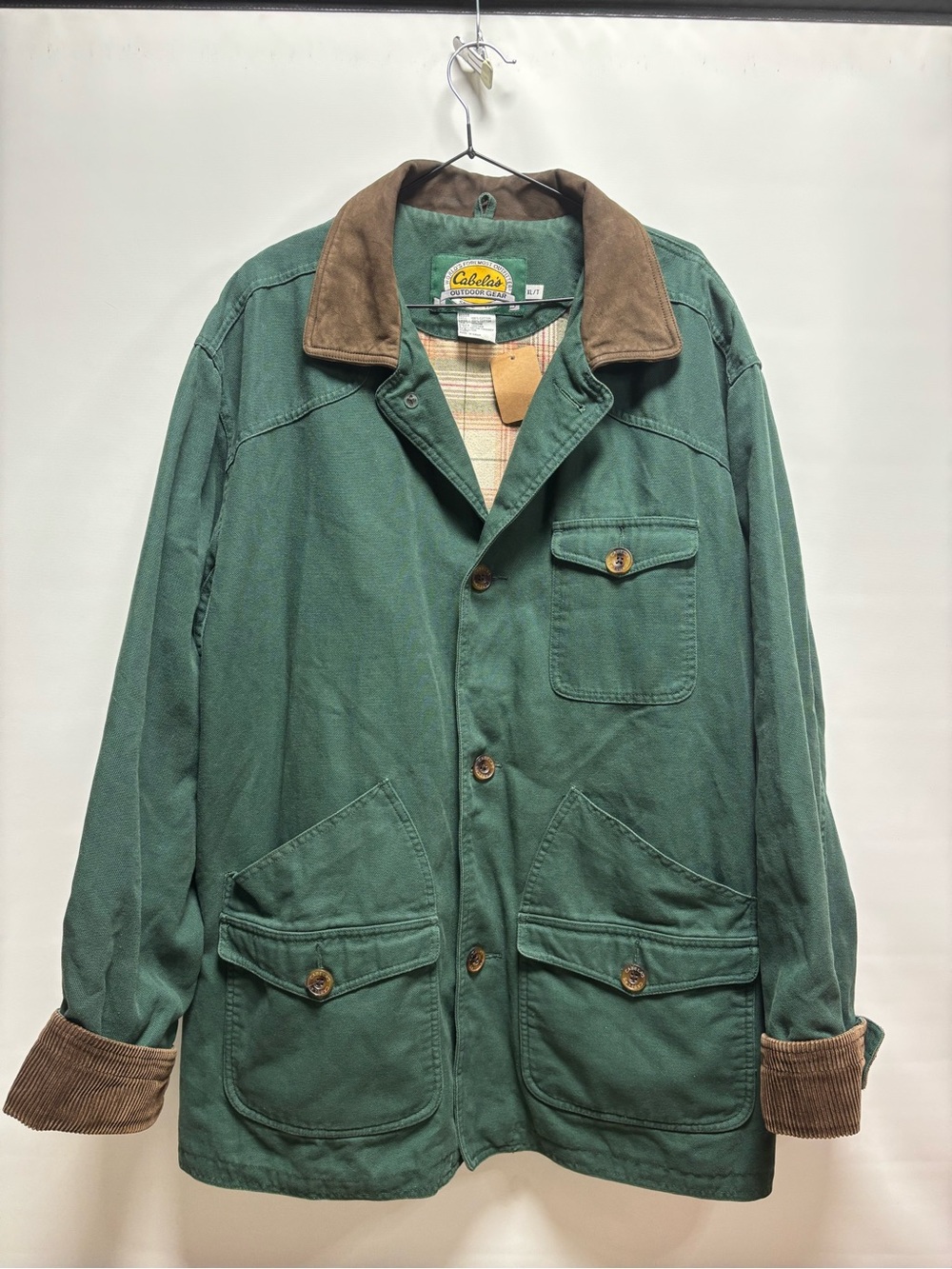 Cabela's Green Canvas vintage barn coat with Brown Corduroy Collar